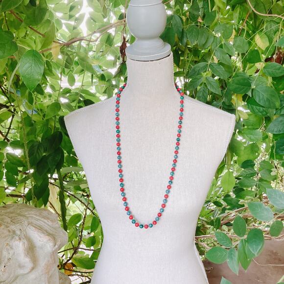 Vintage Dyed Stone Bead Opera Length Necklace Red Blue Green Hand Knotted - Picture 6 of 8